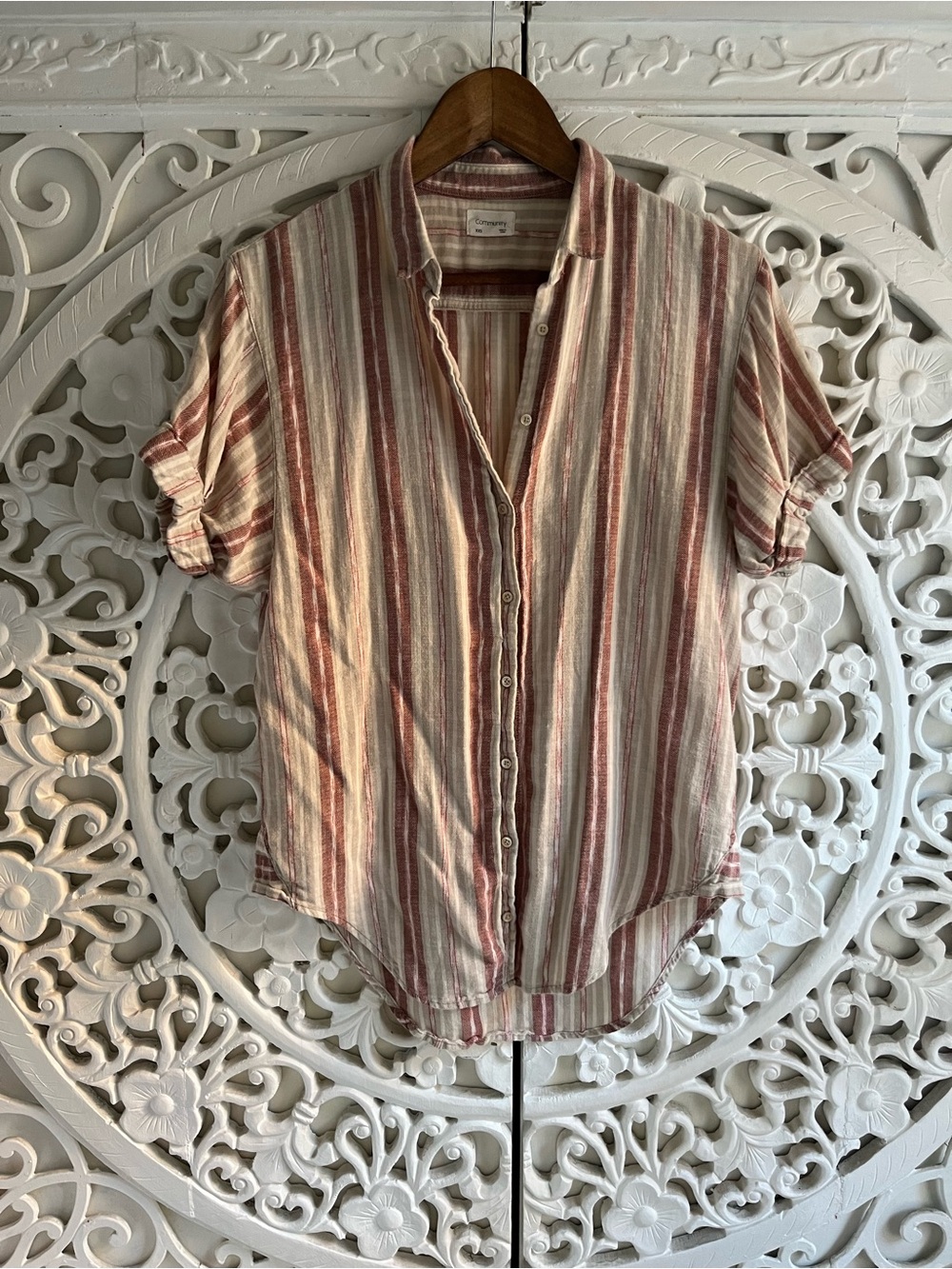 Community Linen Blend Striped Button Up Shirt XXS Short Sleeve Aritzia